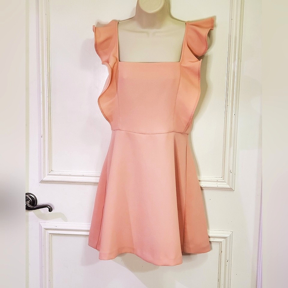 BCBG GENERATION Peach Pink Square Neck Ruffle Mini Dress, Size 6